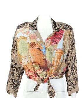 CAROLE LITTLE Vtg 80s Rococo Crop Top Cherubs Cathedral Front Tie Boho sz 6 /297